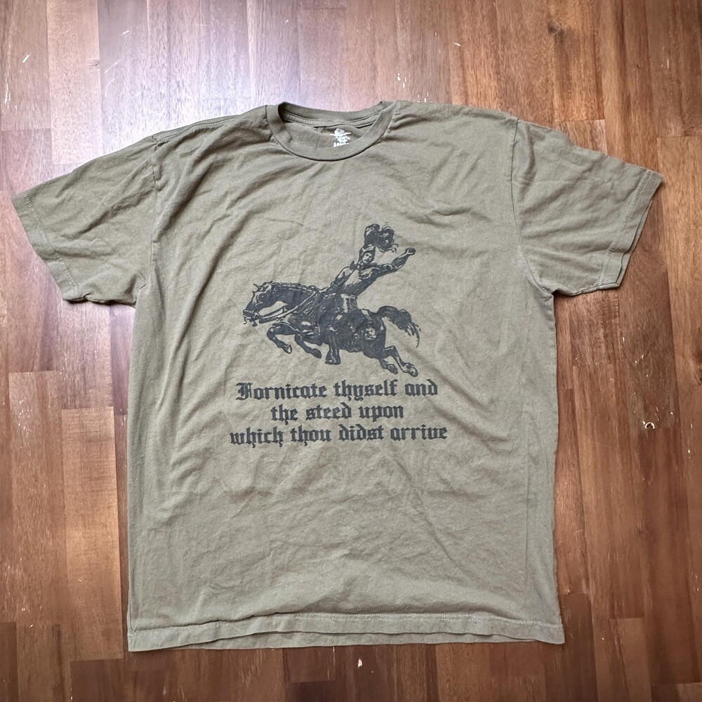 ASMDSS Shirt Mens Large Olive Tee Medieval Knight Fornicate Thyself Quote
